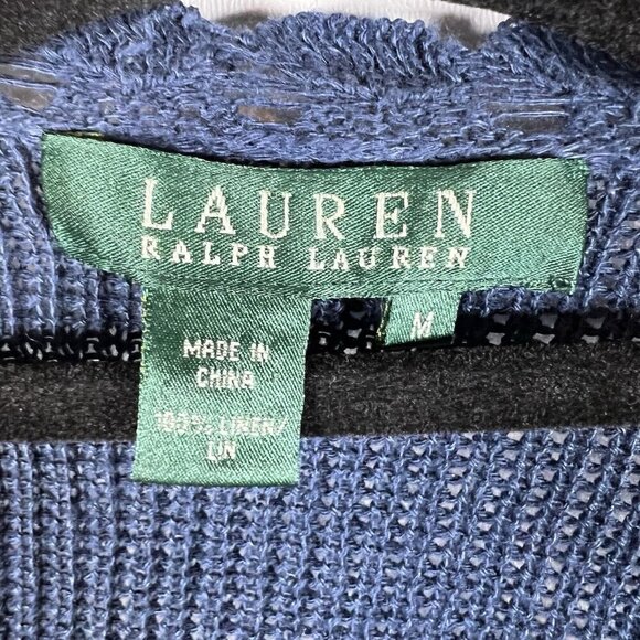 Lauren Ralph Lauren Navy Blue Open Cardigan Womens Sz Medium 100% Linen Crotchet - Picture 7 of 9